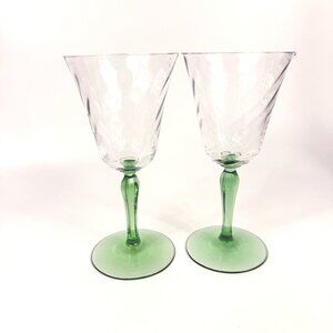 Fostoria Glass 5082-5282 Uranium Green Stem Swirl Optic Water Goblets set of 2